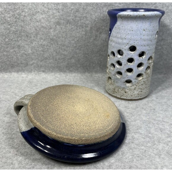 Pottery Candlestick Holder With Luminary Votive Shade Stoneware Blue Glaze 2 Pc - Picture 6 of 14